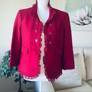 Multiples Red Military Style Blazer Jacket With Ruffle Detail NWT